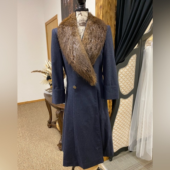 Beaver Fur Collar Wool Pea Coat sz M - Picture 1 of 8